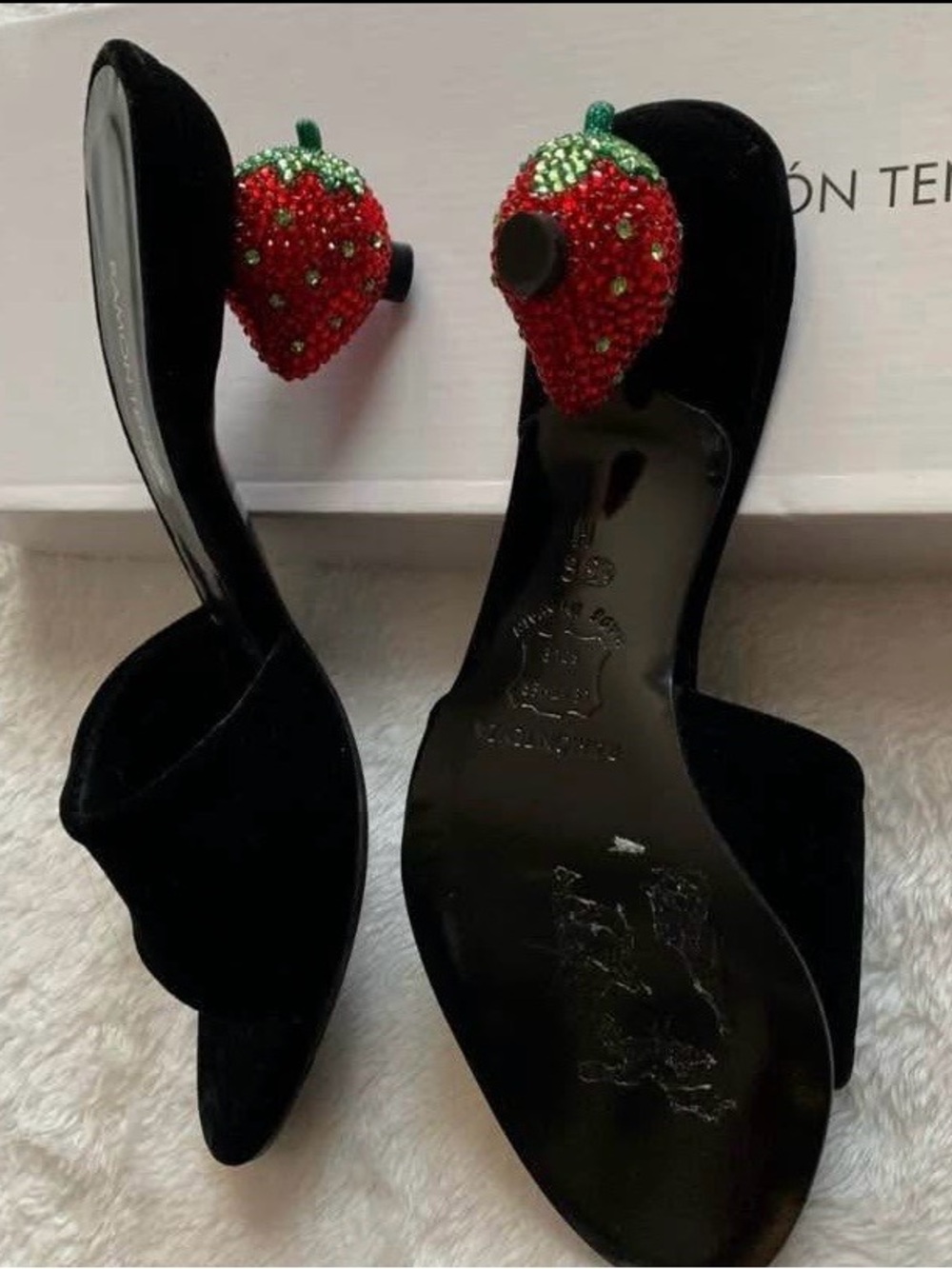 Ramon Tenza Black Velvet Heels with Red & Green Crystal Strawberry Accent
